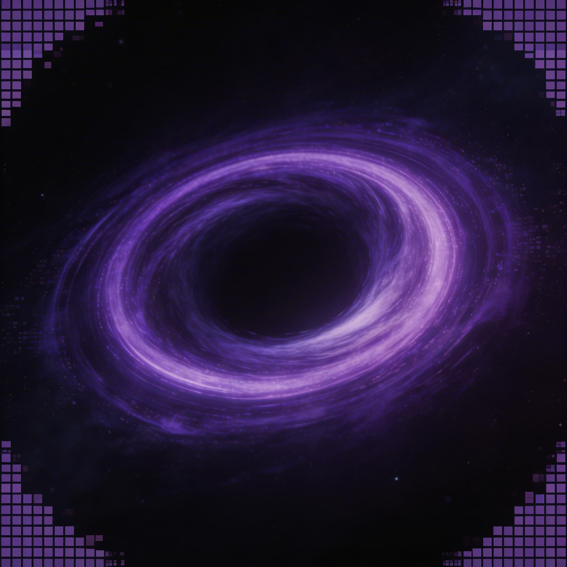 AI generated: dark cosmic vortex hole opening in deep space, pixel grid dissolving at edges, black hole center, vi...