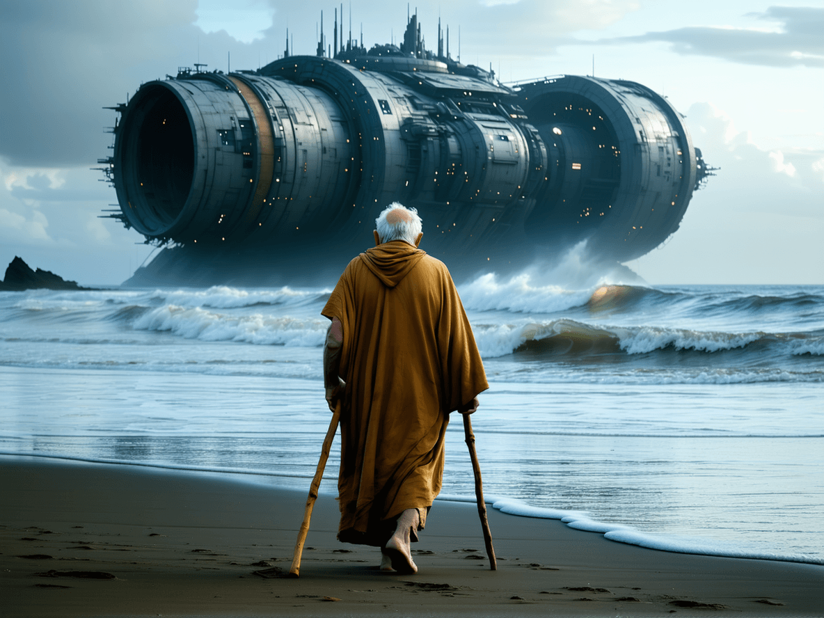 AI generated: an old man wearing tattered brown robe and shoes and wood walking stick on a dark sand beach walking...
