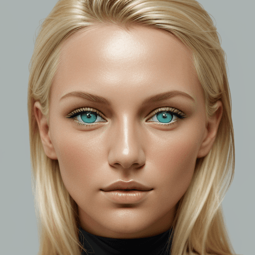 AI generated: a photo of a blonde woman, blue green eyes, in the style of minimalist beauty, light bronze and bron...