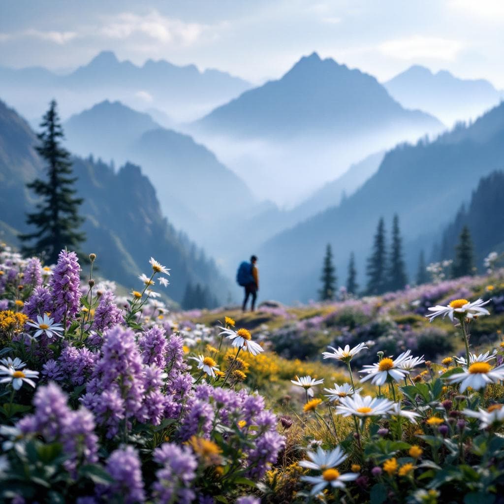 AI generated: "A mountain landscape with detailed wildflowers in the foreground, a hiker in the midground, and mis...