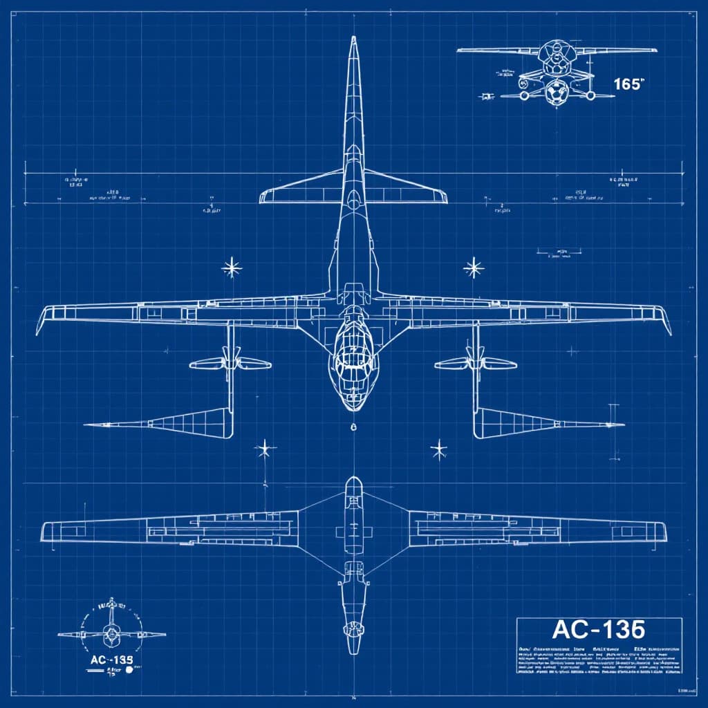 AI generated: 15.	“A blueprint for an AC-130 Gunship, high-res, blueprint grid as background”
