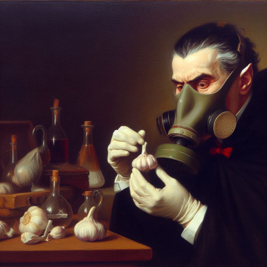 AI generated: Dracula in a lab, wearing gas-mask and rubber gloves, examining garlic. fog, full body, 18th century...