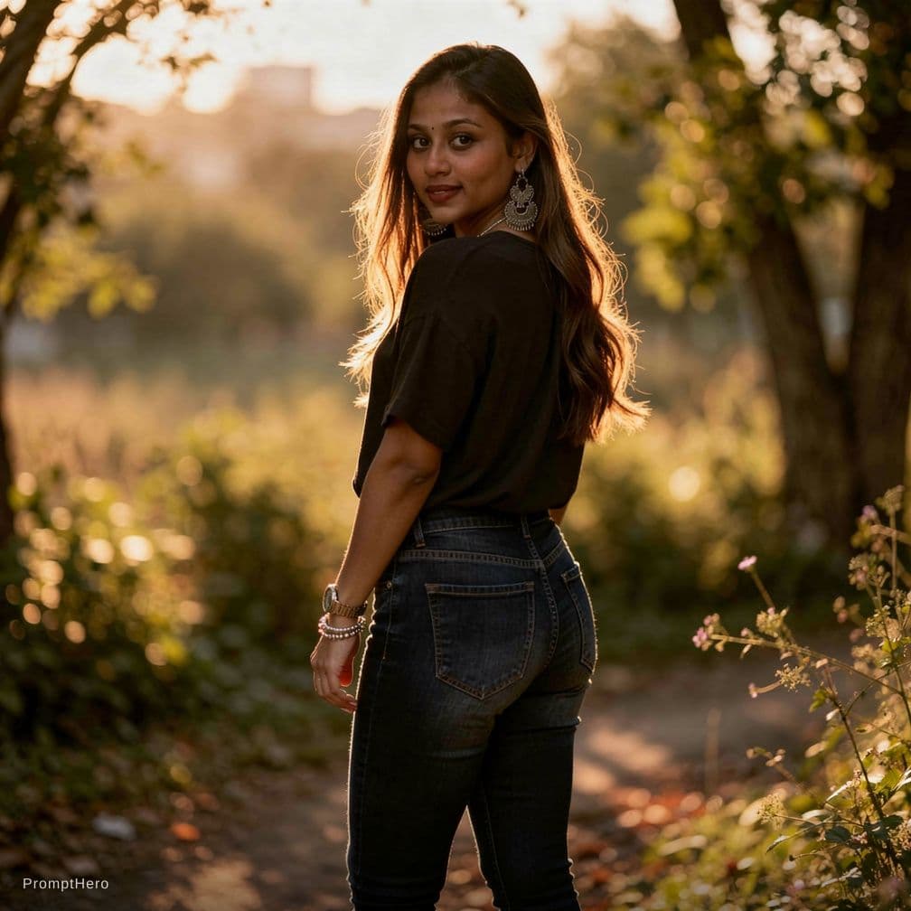 AI generated: A fit adult woman with long brown hair stands in a natural outdoor setting, her back to the viewer w...