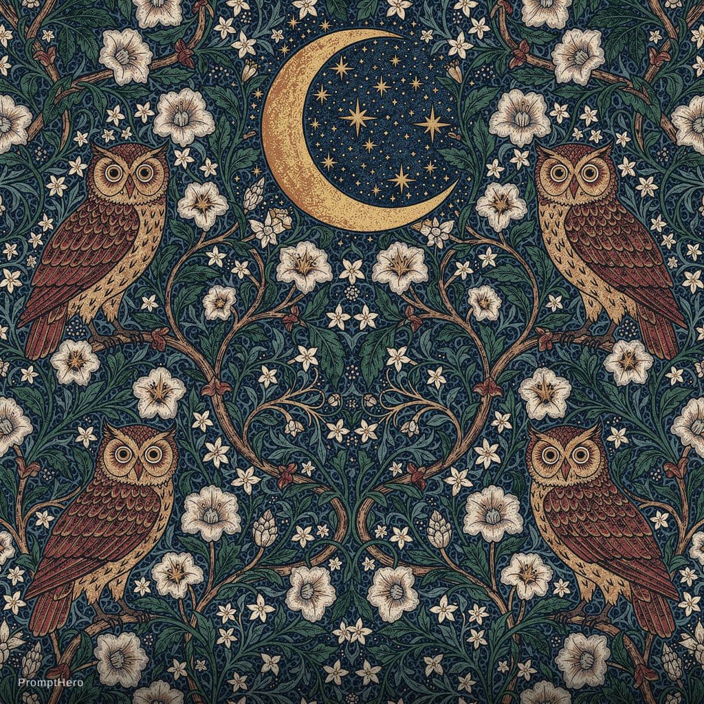 AI generated: A highly intricate William Morris pattern design featuring a celestial nightscape, stylized golden c...
