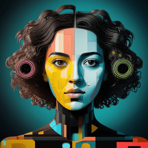 AI generated: female face with curly thick hair, geometric abstract portrait, bright vibrant colorful, gritty, cyb...