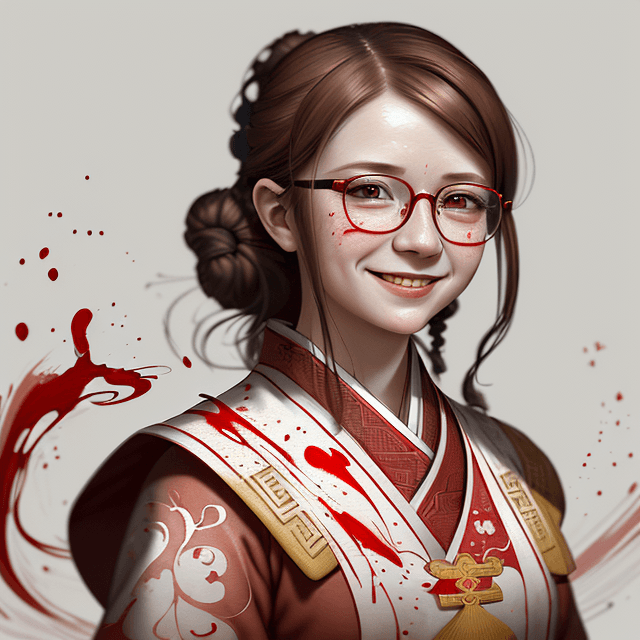 AI generated: a painting of a little smiling  ukranian  woman in red with light brown hair, with glasses, in the s...