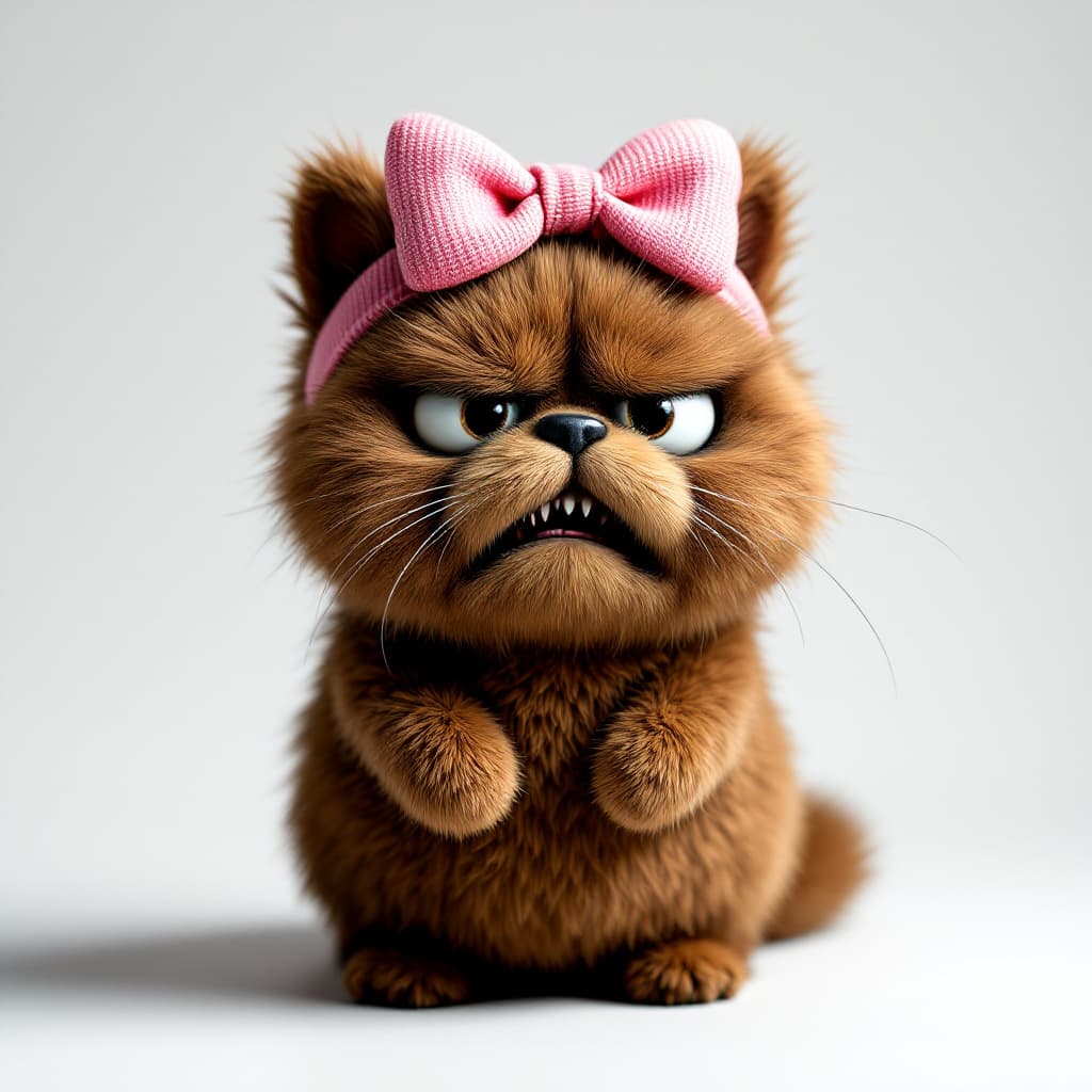 AI generated: very disgust face brown fluffy character wearing a pink bow on white background.