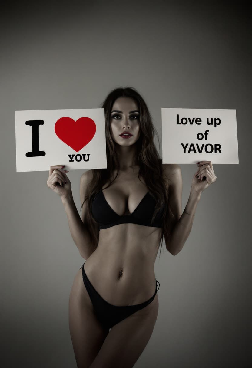 AI generated: Woman in sexy outfit holding a sign saying I love you YAVOR