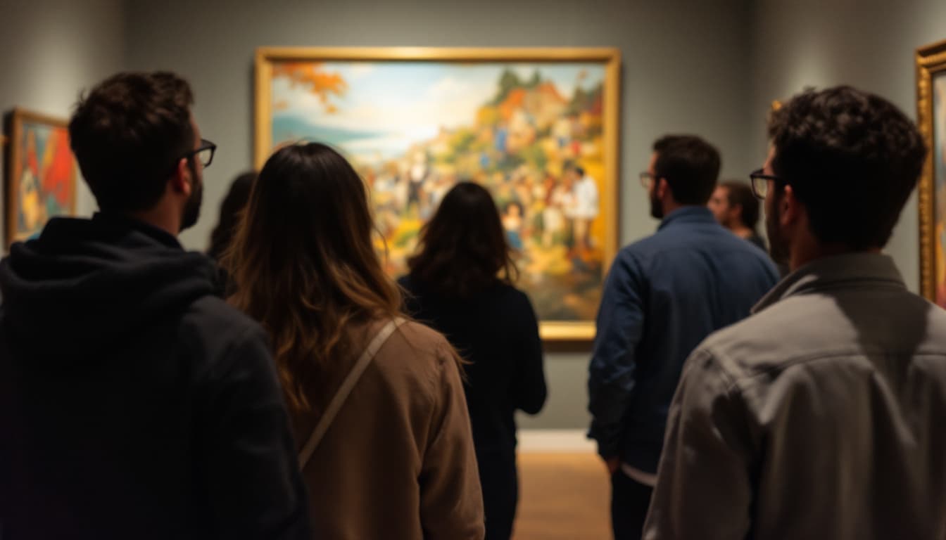 AI generated: A photograph of a company retreat doing an art gallery tour, they aare looking at the art within the...