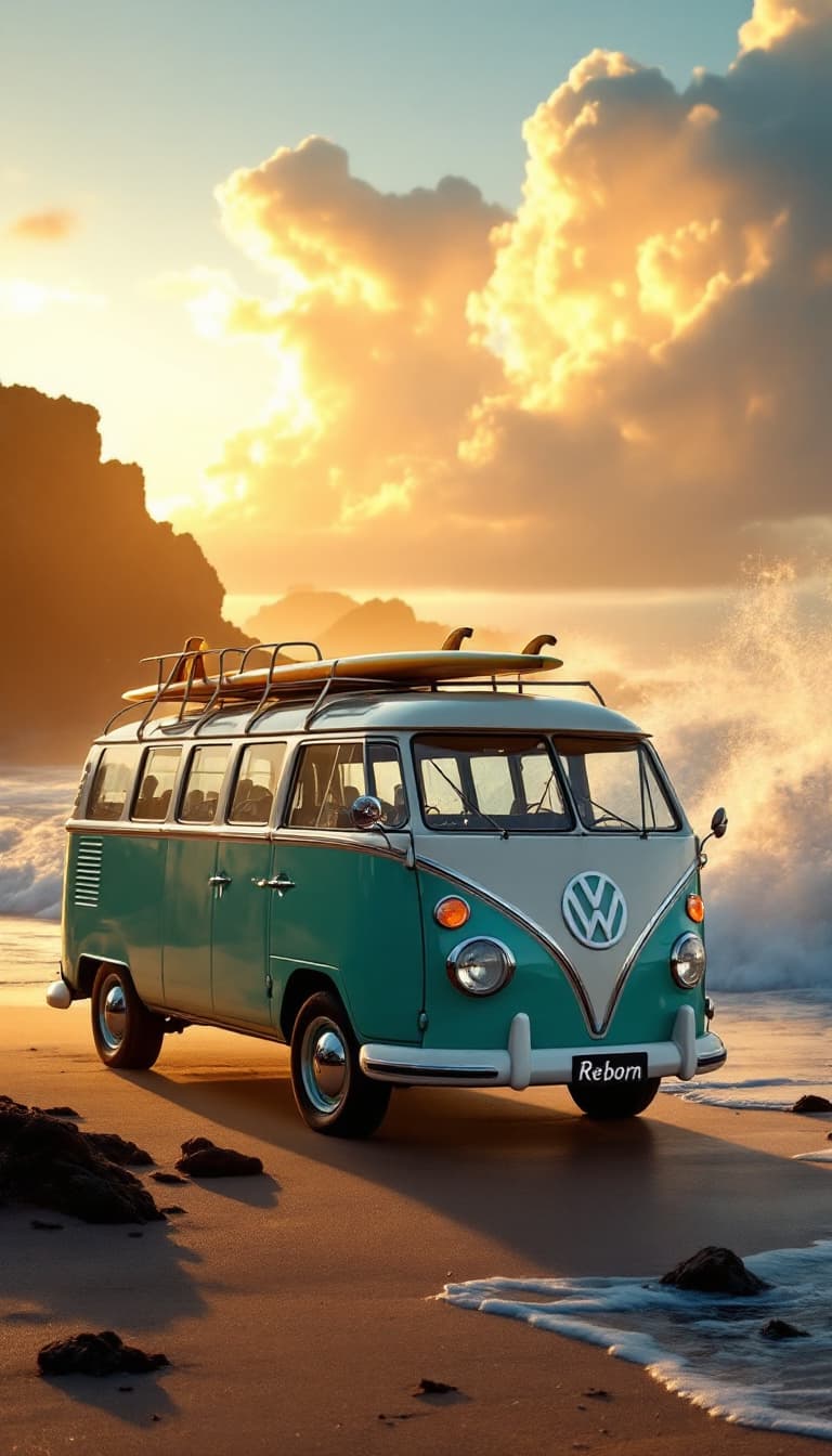 AI generated: A turquoise green  and white vw classic, Samba 23 window bus on a golden sunset beach with ethereal ...
