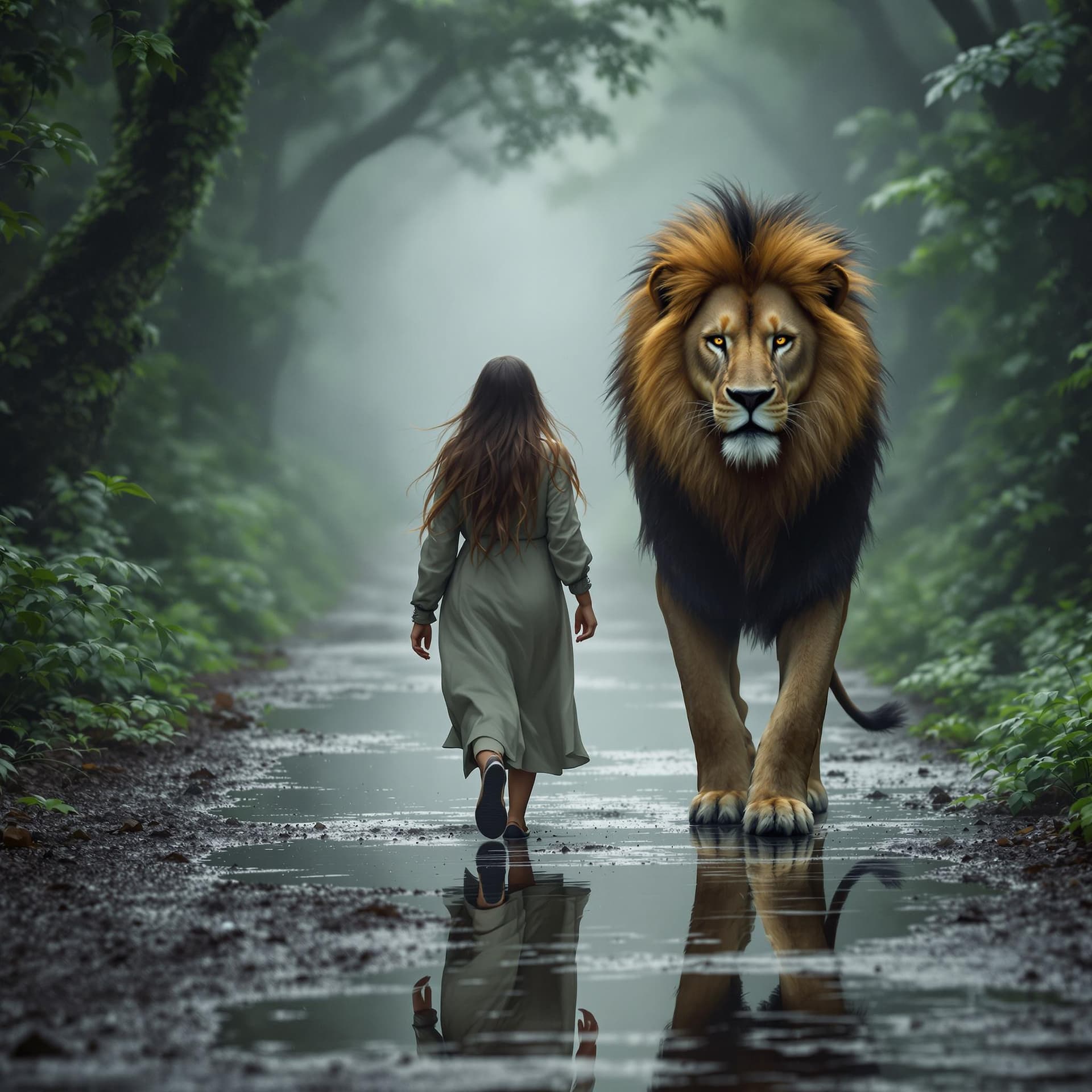 AI generated: The lion walks beside her, its mane full and eyes piercing. They are walking on a misty forest path ...