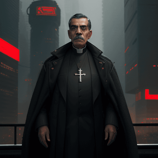 AI generated: In the chilling dystopian cityscape of a Cyberpunk future, Pedro Sánchez, a 70-year-old man with a c...