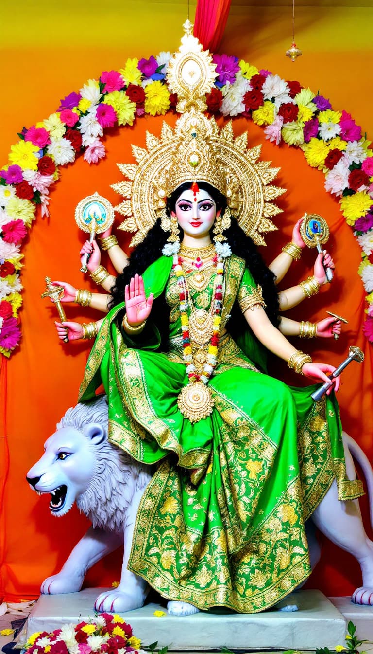 AI generated: "A divine and unique idol of Goddess Durga, intricately designed with a majestic golden crown, expre...