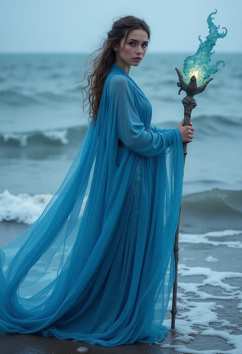 AI generated: Fantasy portrait of a water mage, standing by a tranquil ocean, wearing a flowing blue robe that shi...