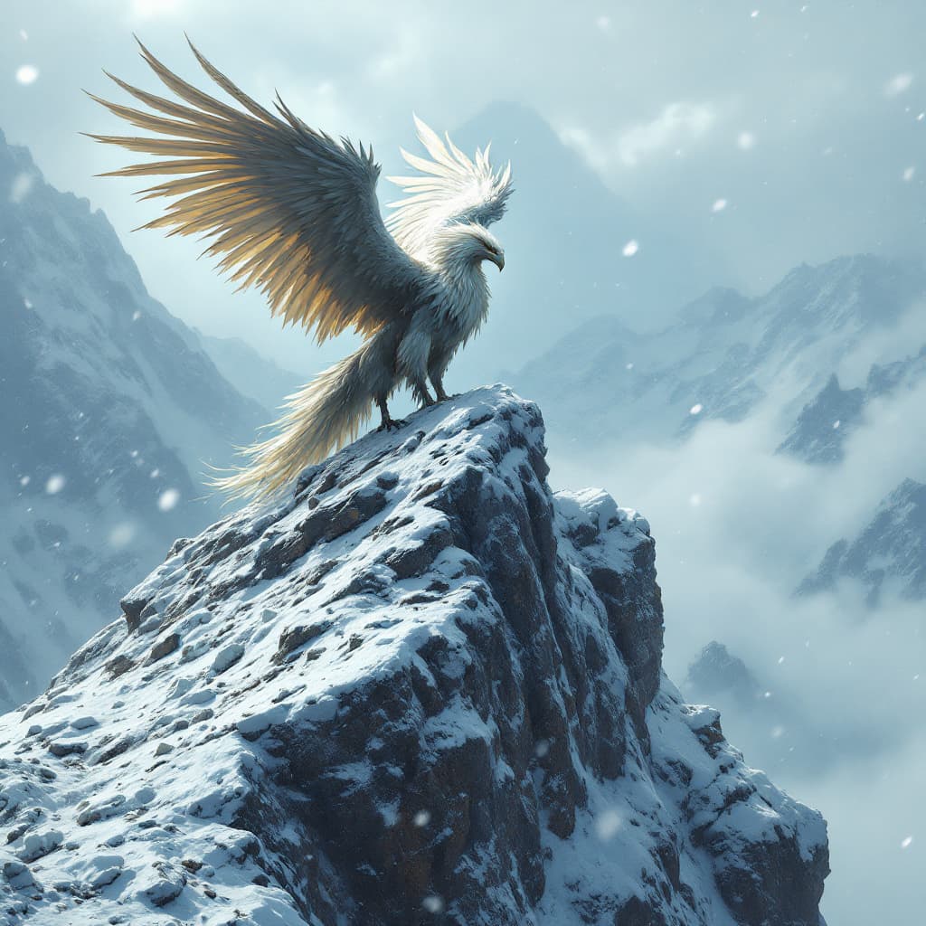 AI generated: 17.	3D fantasy scene: griffin perched atop icy mountain peak during a blizzard --v 7 --style epic an...