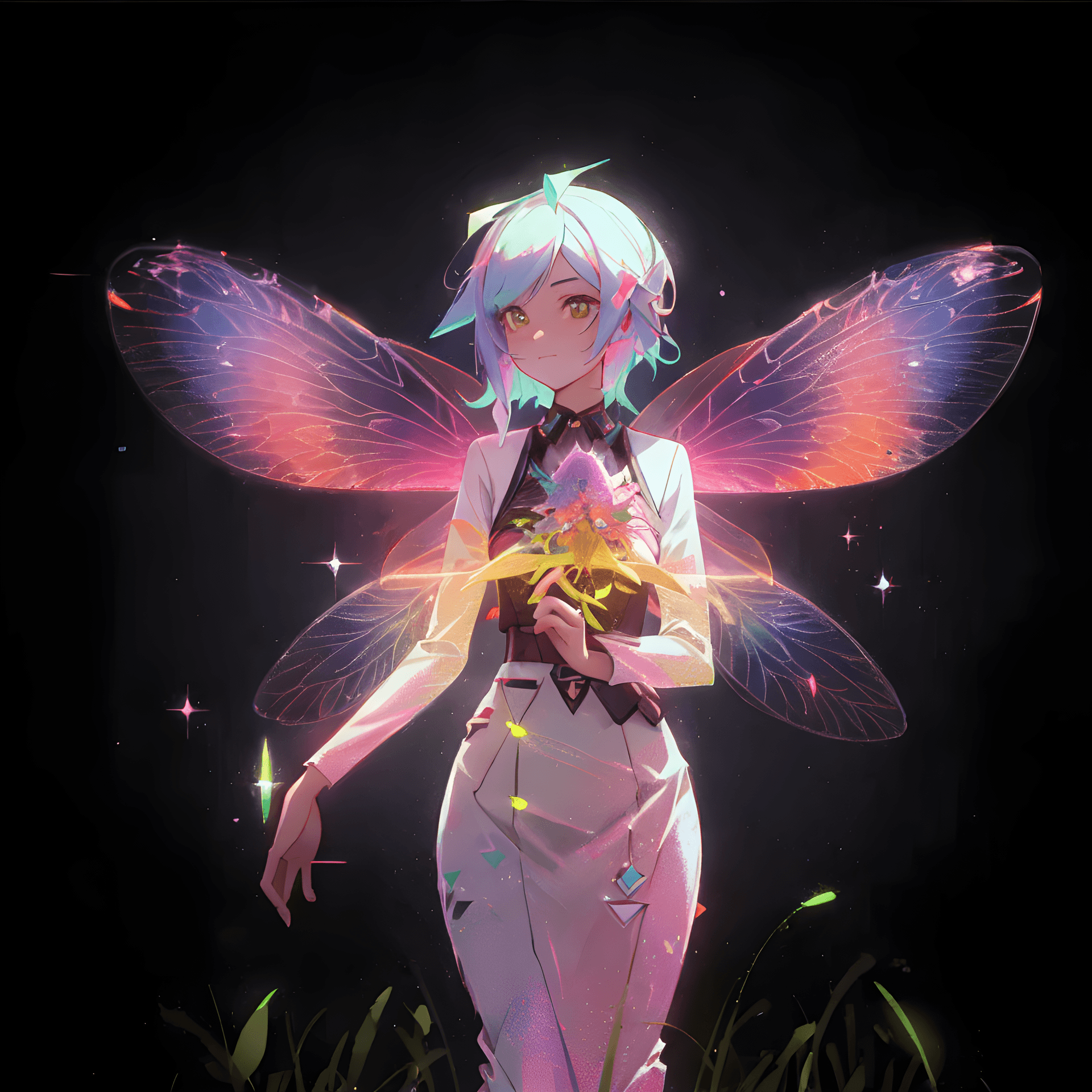 AI generated: a woman that is standing in the grass, by loish, pixiv contest winner, neon-yellow-holographic wings...