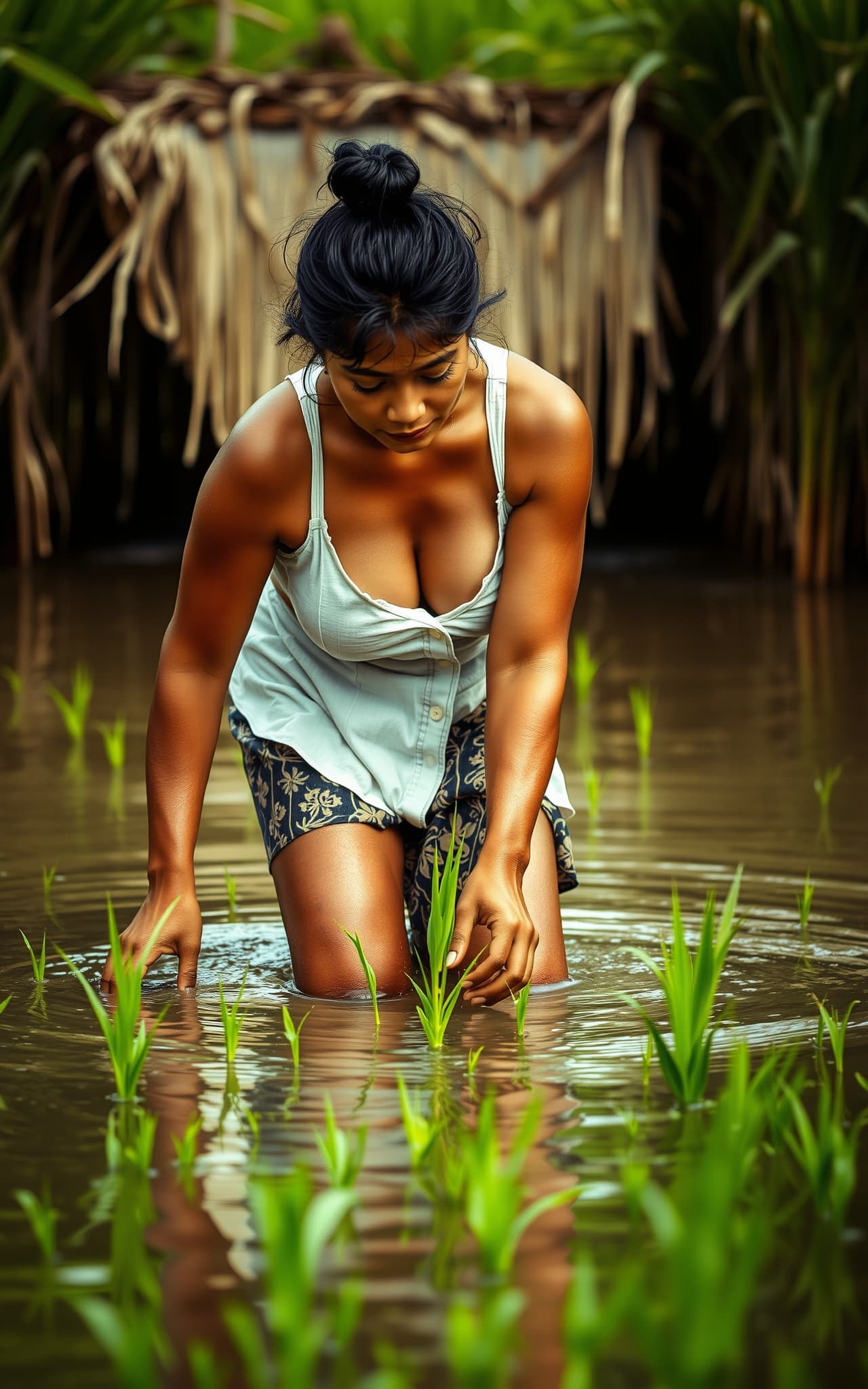 AI generated: Imagine an Indonesian peasant villager mature woman in a shallow ankle-deep slightly watered rice fi...
