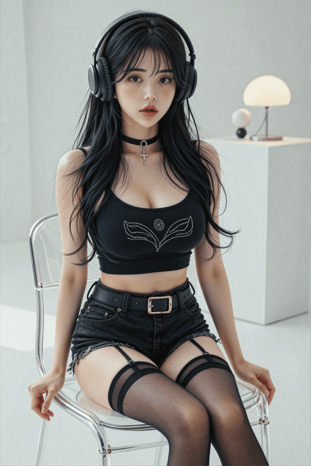 AI generated: A highly detailed, photorealistic, cinematic medium shot of a beautiful young East Asian woman sitti...