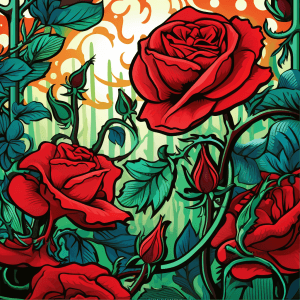 AI generated: A floral vector of roses blooming, with vines behind, in a vibrant red color, with a Patterns style,...