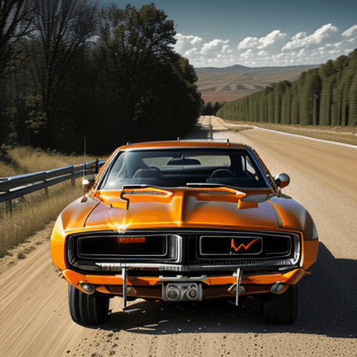 AI generated: The dukes of Hazzard #01 1969 Orange Dodge Charger racing down a country road