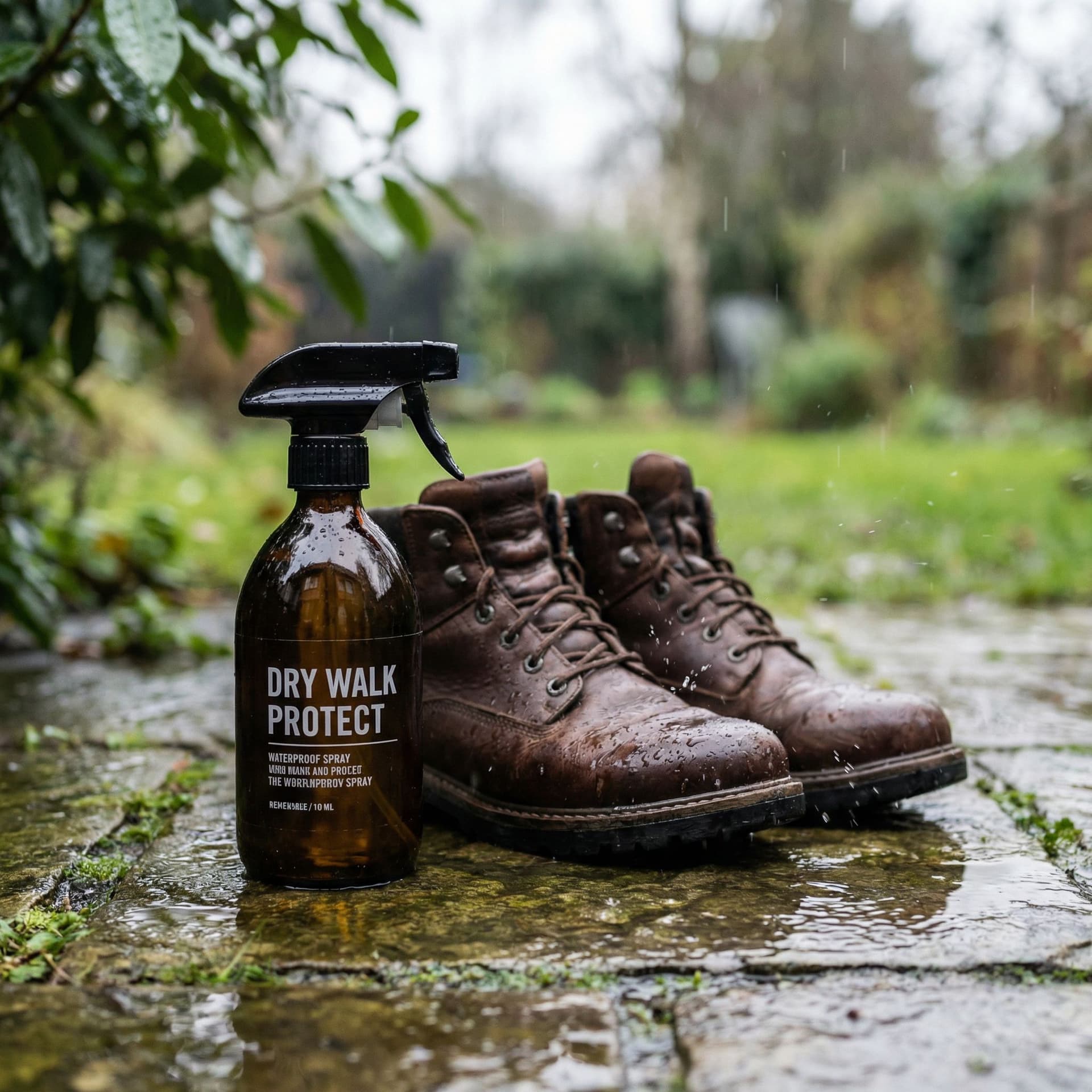 AI generated: Realistic lifestyle scene,
waterproof spray bottle placed next to leather boots,
rainy outdoor envir...
