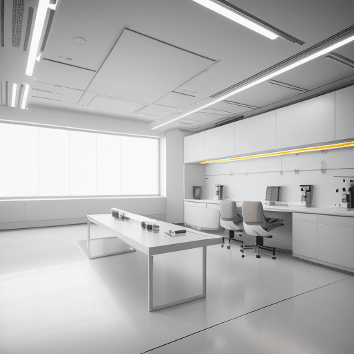 AI generated: white laboratory, high-tech laboratory, futuristic design style, sci-fi-like interior space,, with m...