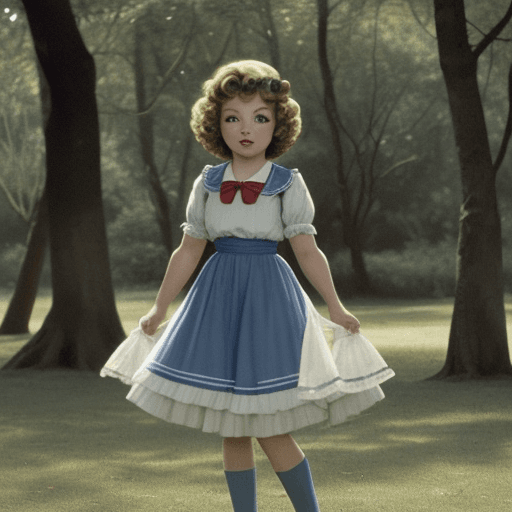 AI generated: Shirley Temple a los 6 años con pelo negro y ojos marrones en un bosque jugando a la pelota con Rich...