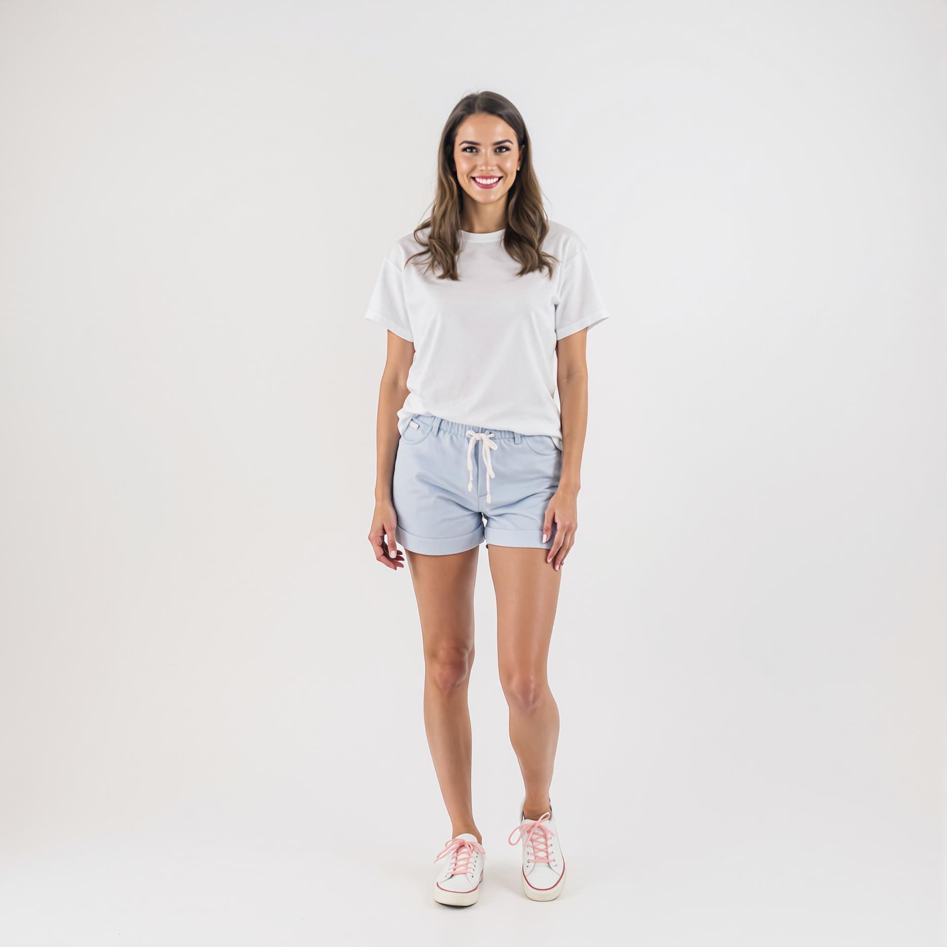 AI generated: woman stands against a white backdrop. She is dressed in a short-sleeved white t-shirt, a pair of li...