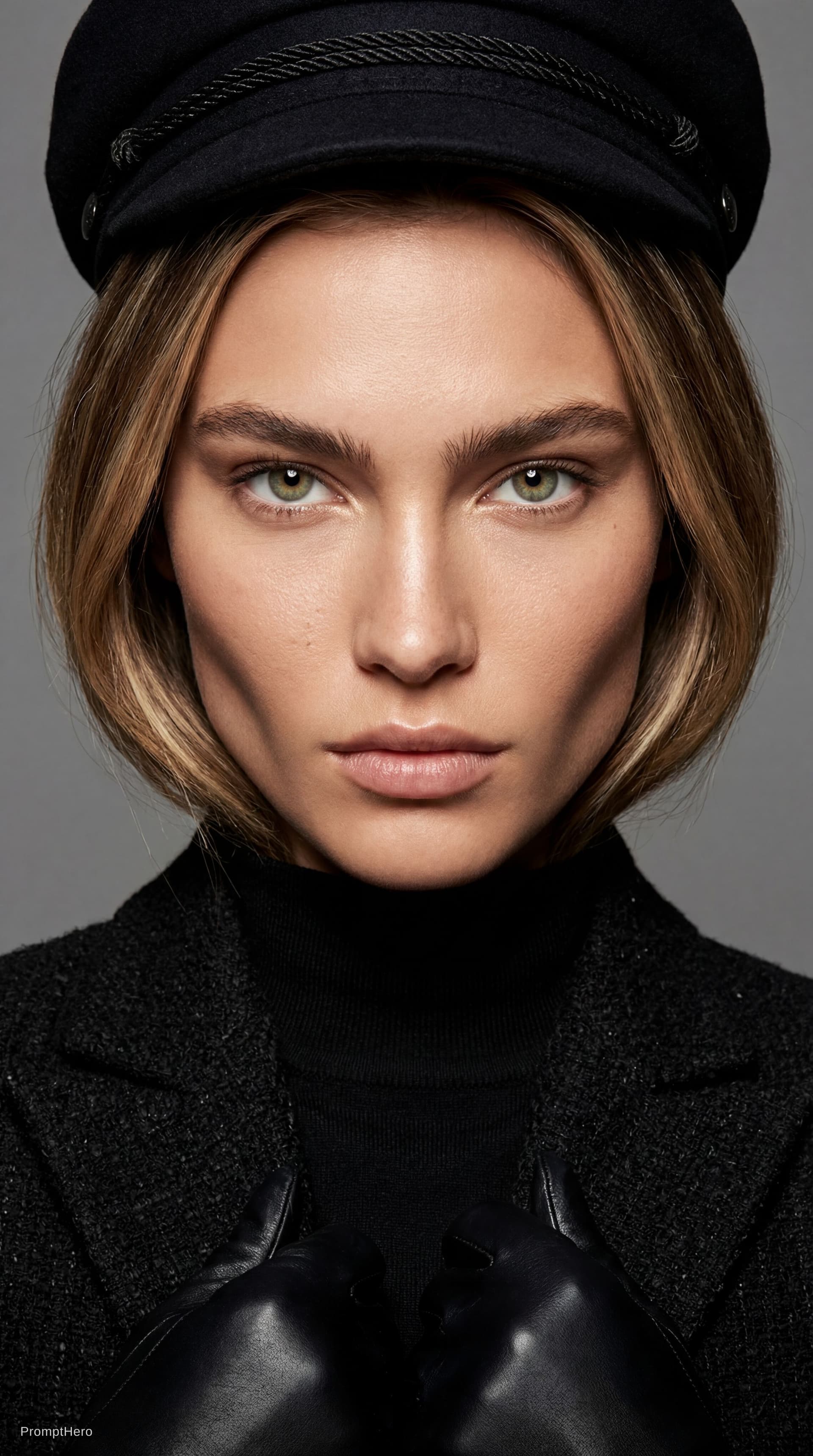 AI generated: {
  "prompt": "Ultra-detailed close-up portrait of a young woman with high-fashion model bone struct...