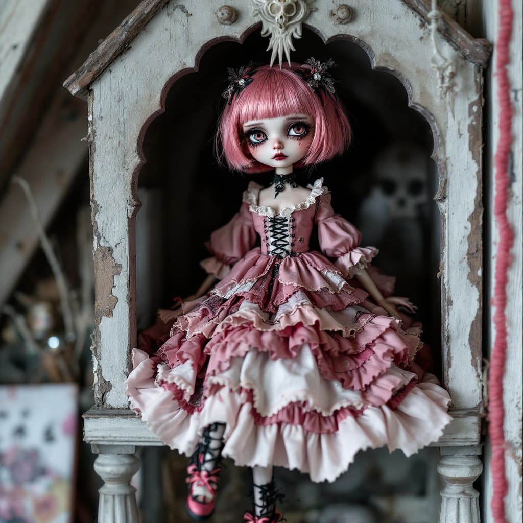 AI generated: in an attic on a shelf a female doll sits on a shelf with a melancholy expression wearing tiered, pi...