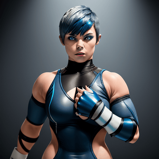 AI generated: Shark Skinned Female Wrestler, Dark Blue Attire, White Elbow Pads, Dark Blue Pixie Haircut With Grey...