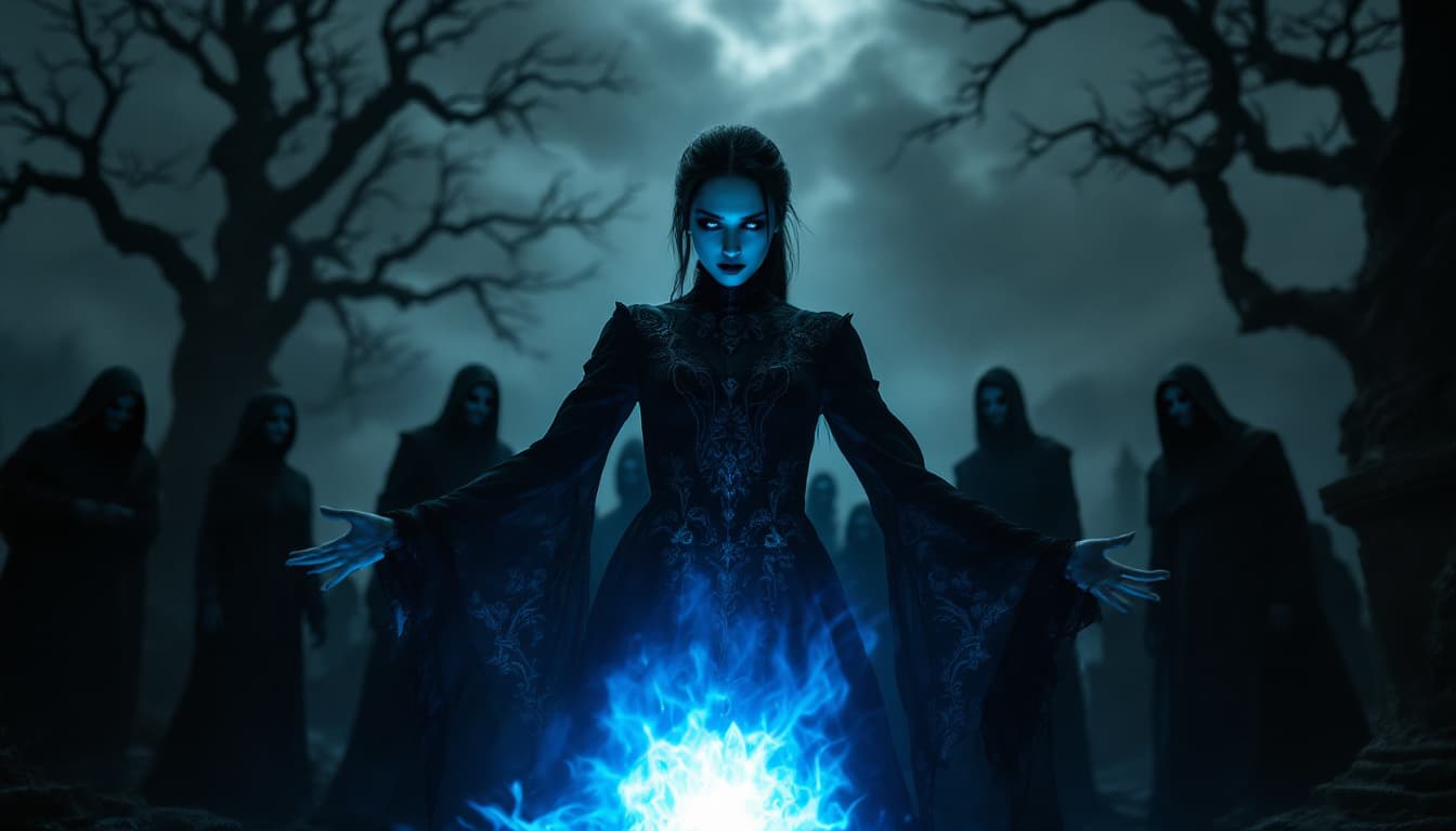 AI generated: A haunting graveyard scene at night, where a group of individuals in dark attire gather around a glo...