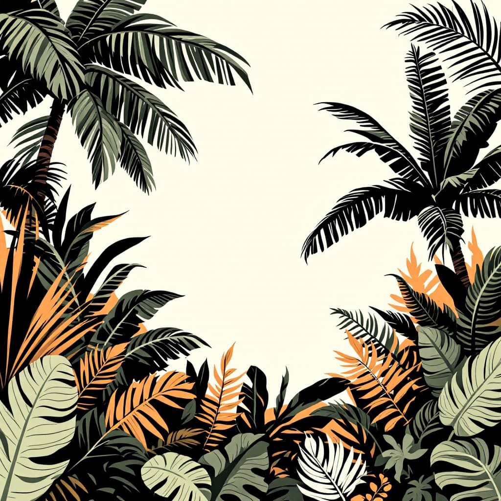 AI generated: graphic jungle scene illustration background for a 3x3 grid. in the center is a small white circle. ...