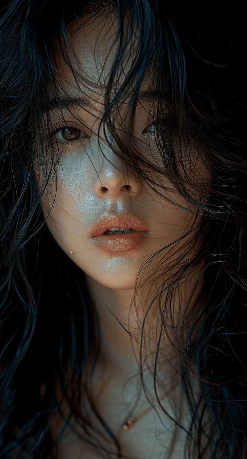 AI generated: a woman with flowing, black hair is posing, in the style of dain yoon, soft edges and blurred detail...
