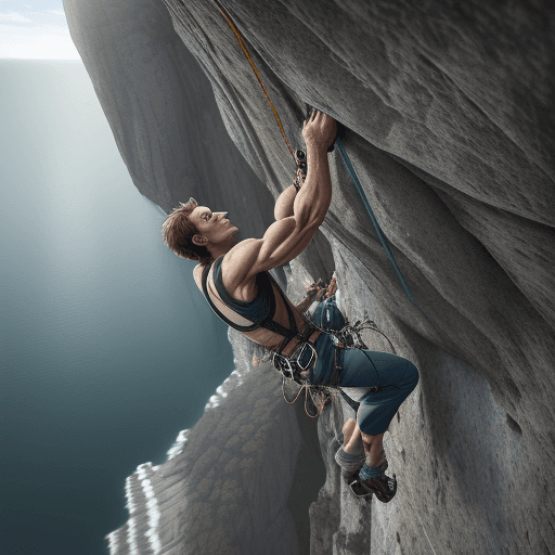 AI generated: Craft a hyper-realistic image of a man rock climbing, captured from a top-down perspective that acce...