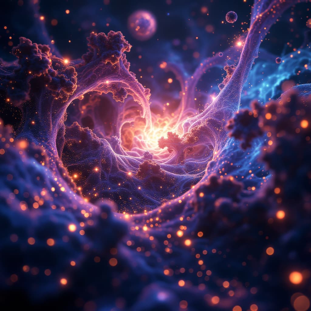 AI generated: generate a unique image, A cosmic-quantum scene depicting intricate networks of fractal-like structu...