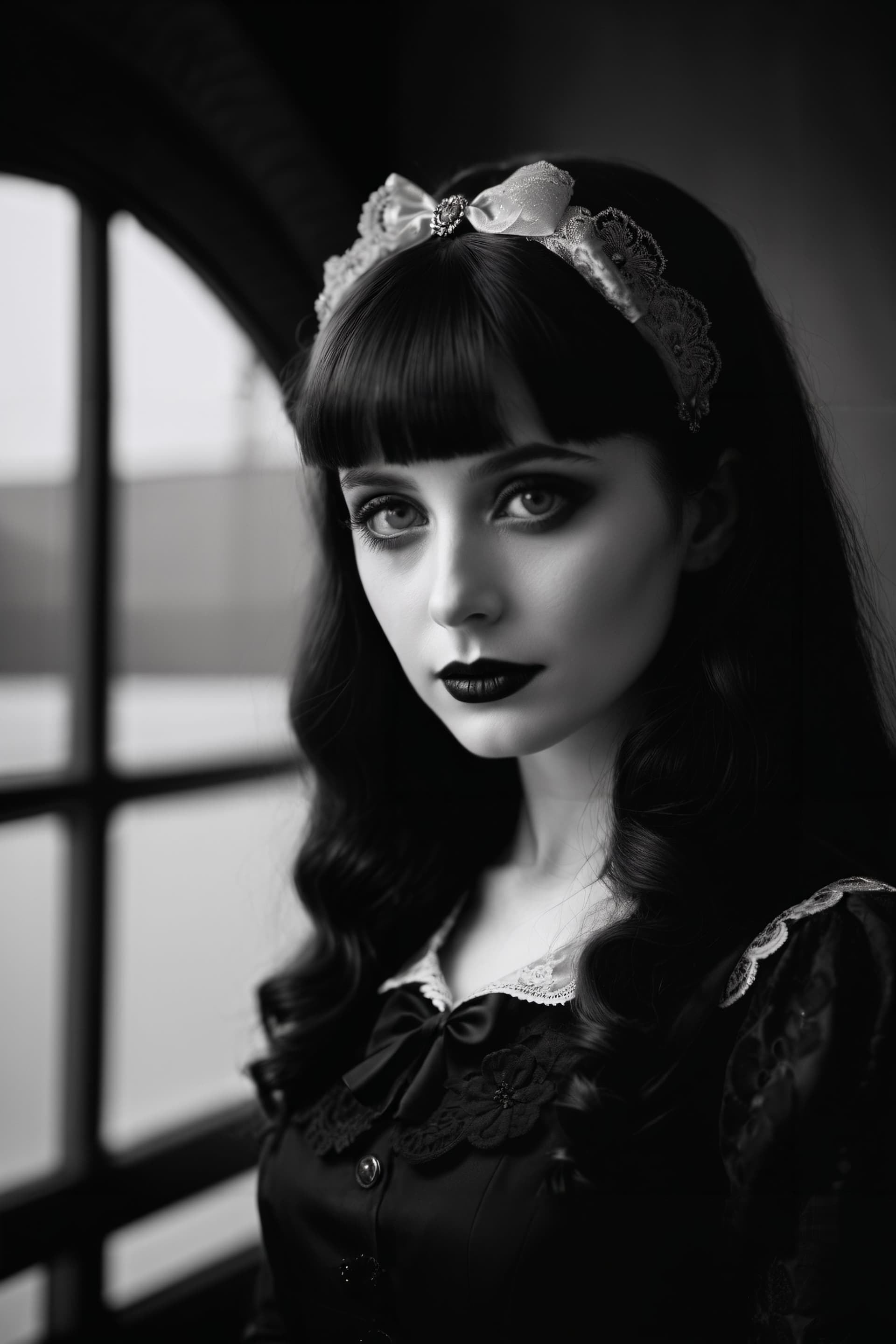 AI generated: Black and White Portrait of a Young gothic lolita, Woman, grimdark style, Close-up, Pale Skins, heav...