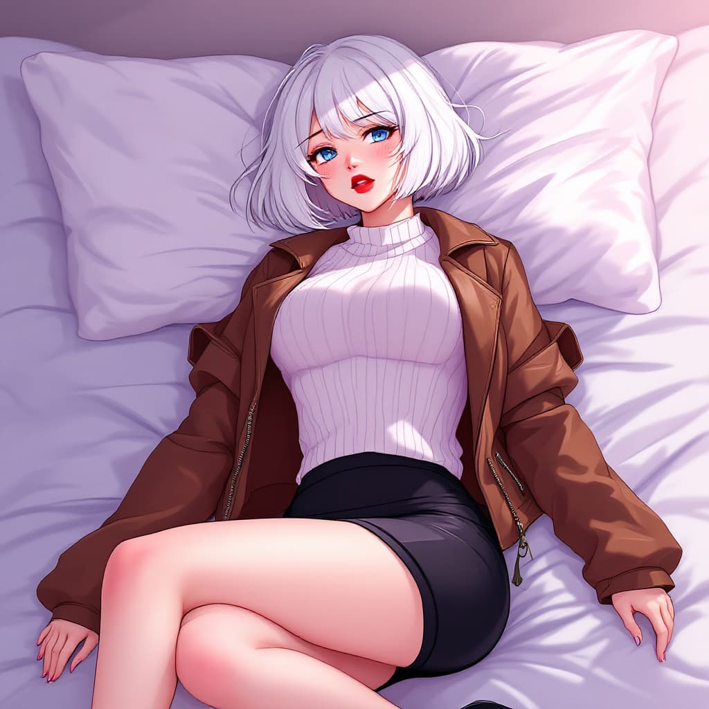 AI generated: anime, woman, white hair, bob cut, blue eyes, freckles, red lips, white sweater, tight sweater, shor...