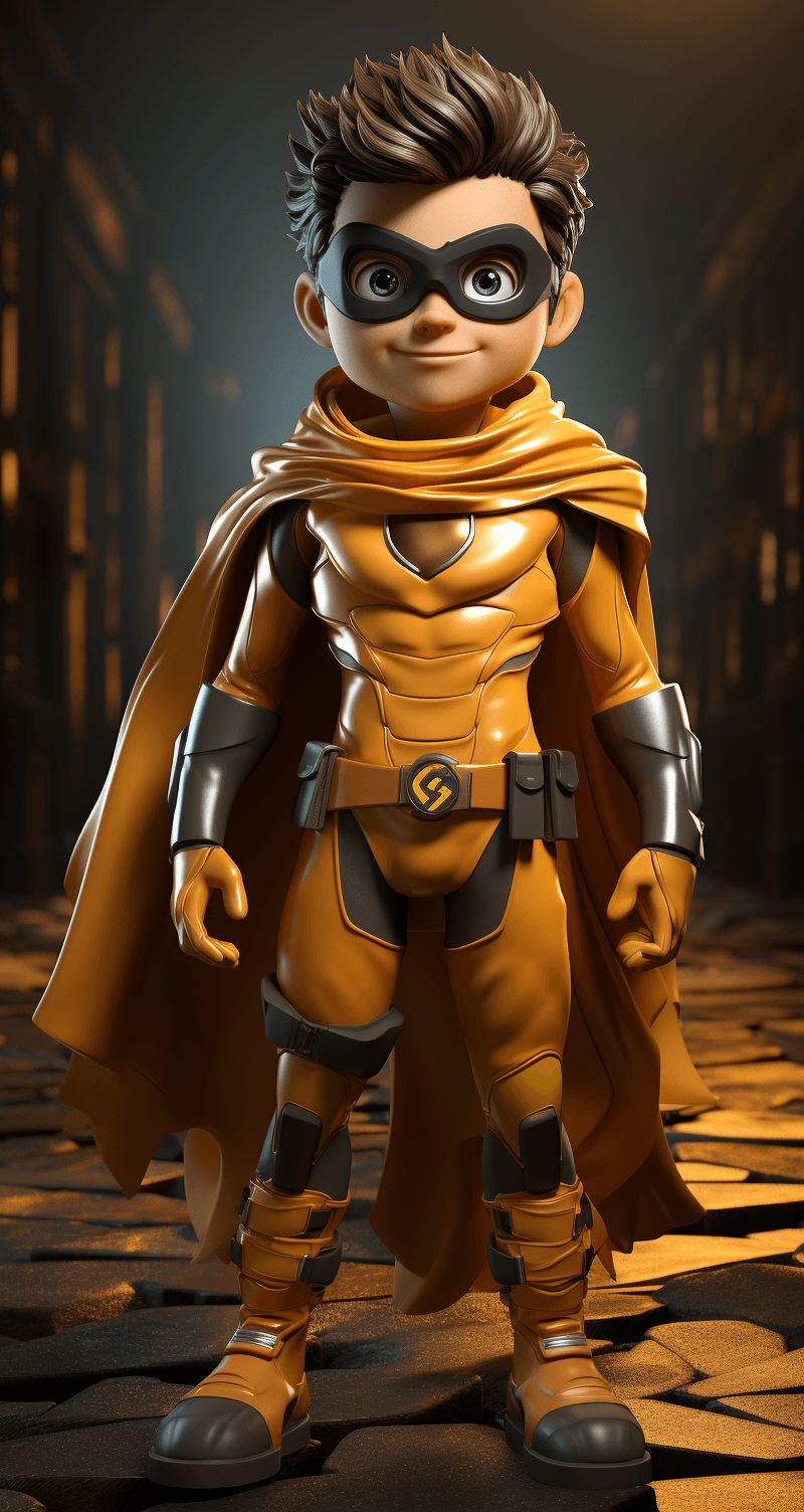 AI generated: cartoon 3D sunny bright Pixar-style image : super hero : full costume : cinematic --ar 68:128 --styl...