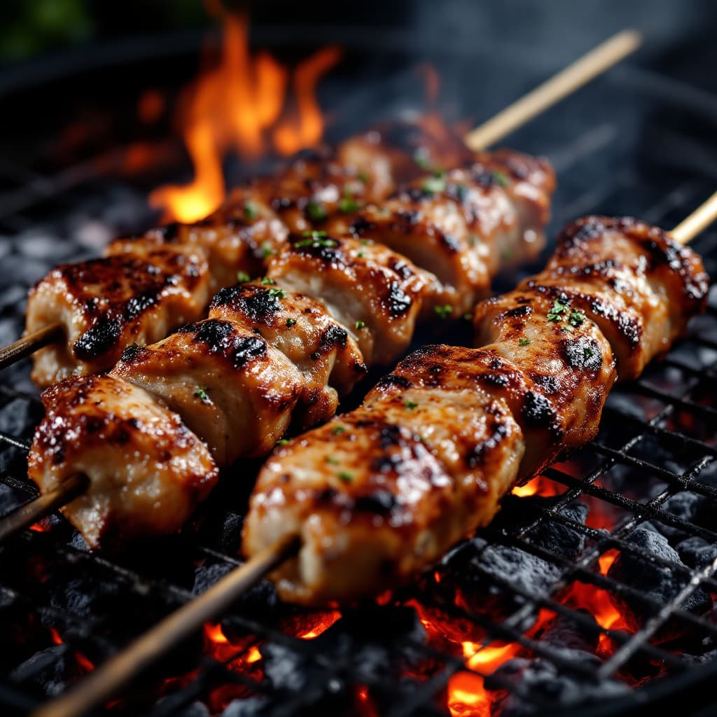 AI generated: Delicious grilled meat on skewers is lying on a barbecue grill with hot coals and small tongues of f...