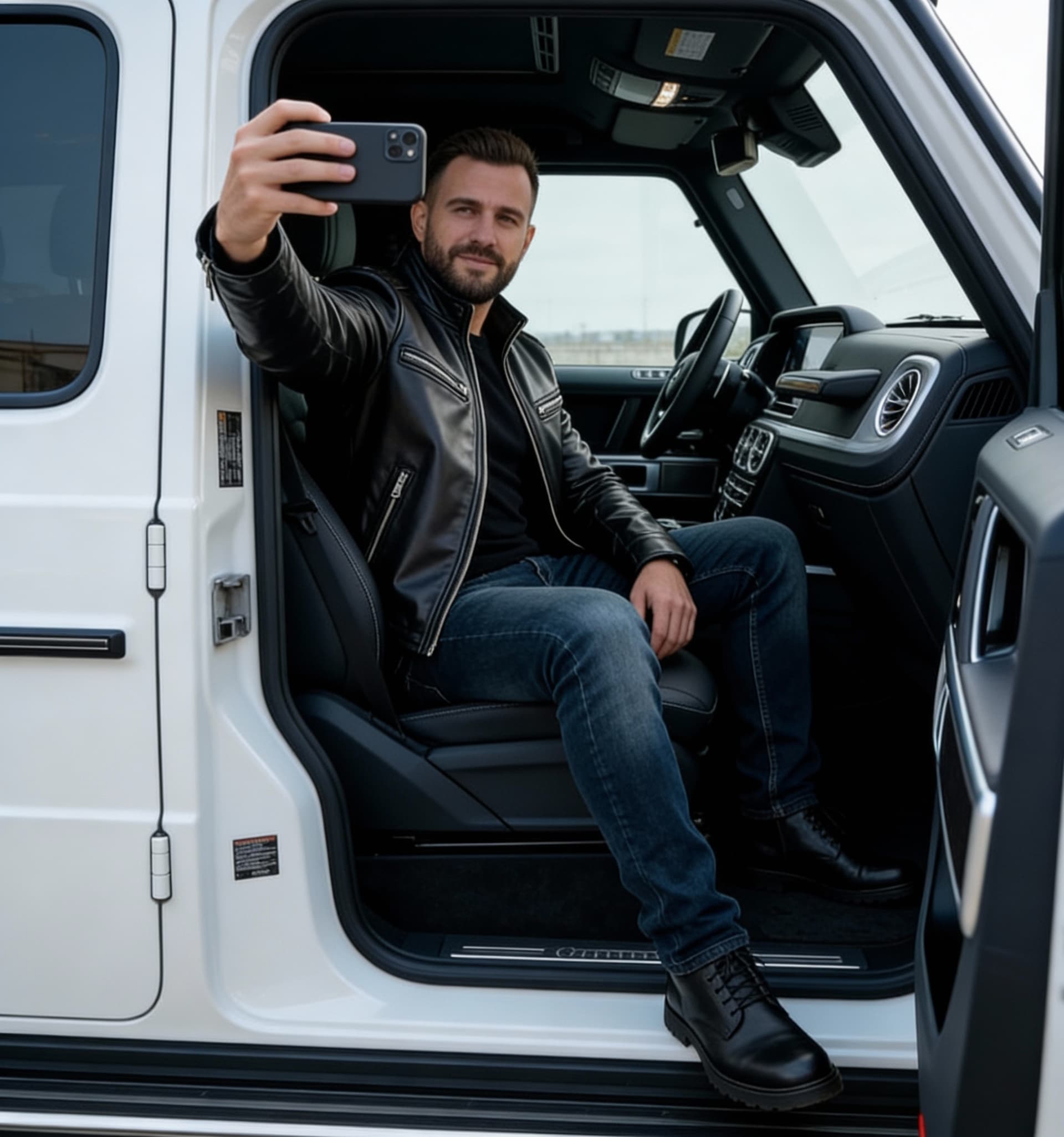 AI generated: he takes a selfie inside a Mercedes