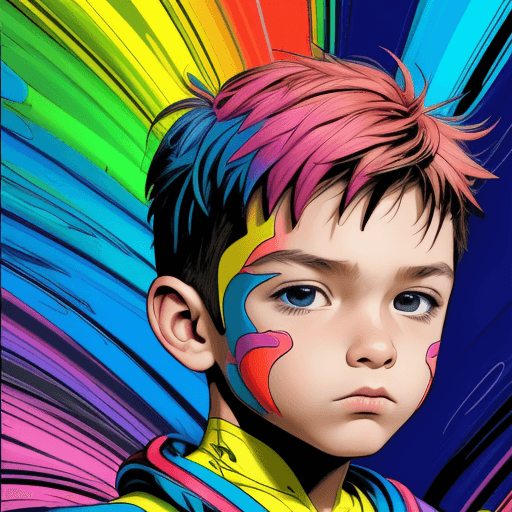 AI generated: 6 year old boy in colorful gear, airbrush art, close-up, pop art color palette, ultra hd, comic art ...