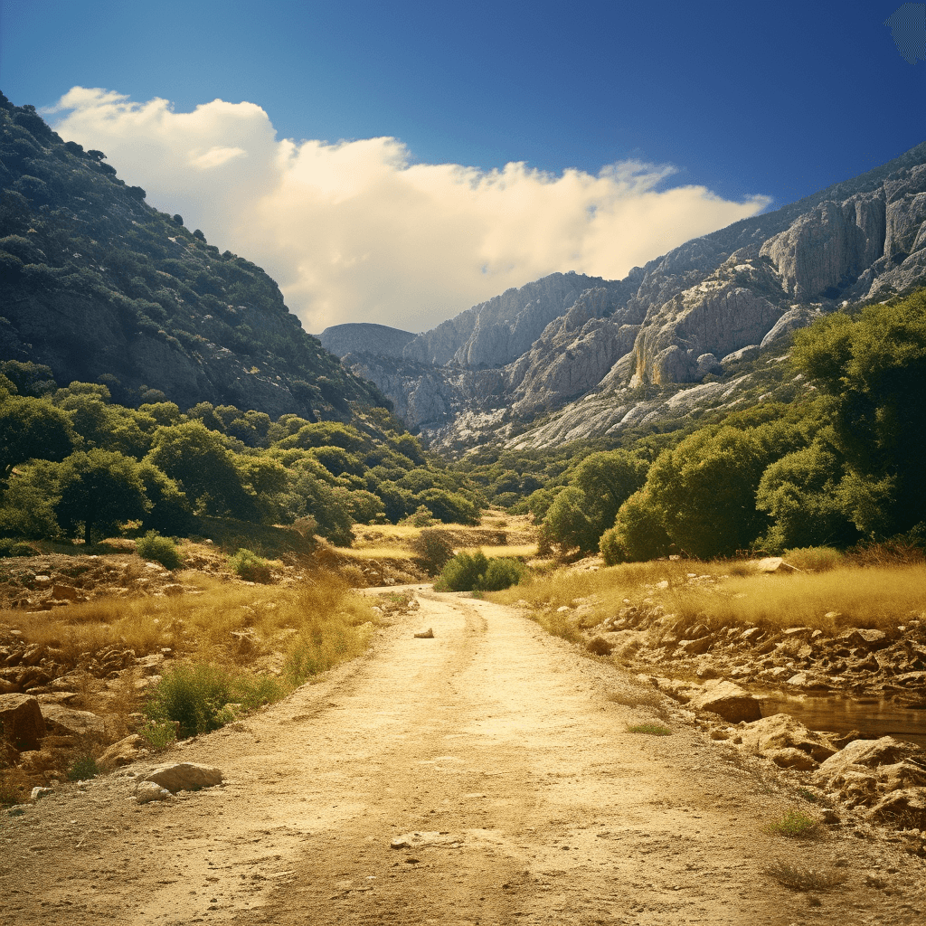 AI generated: 4k HD image of a desolate road, rugged mountains, sparse vegetation. (Master and disciple ) walking ...
