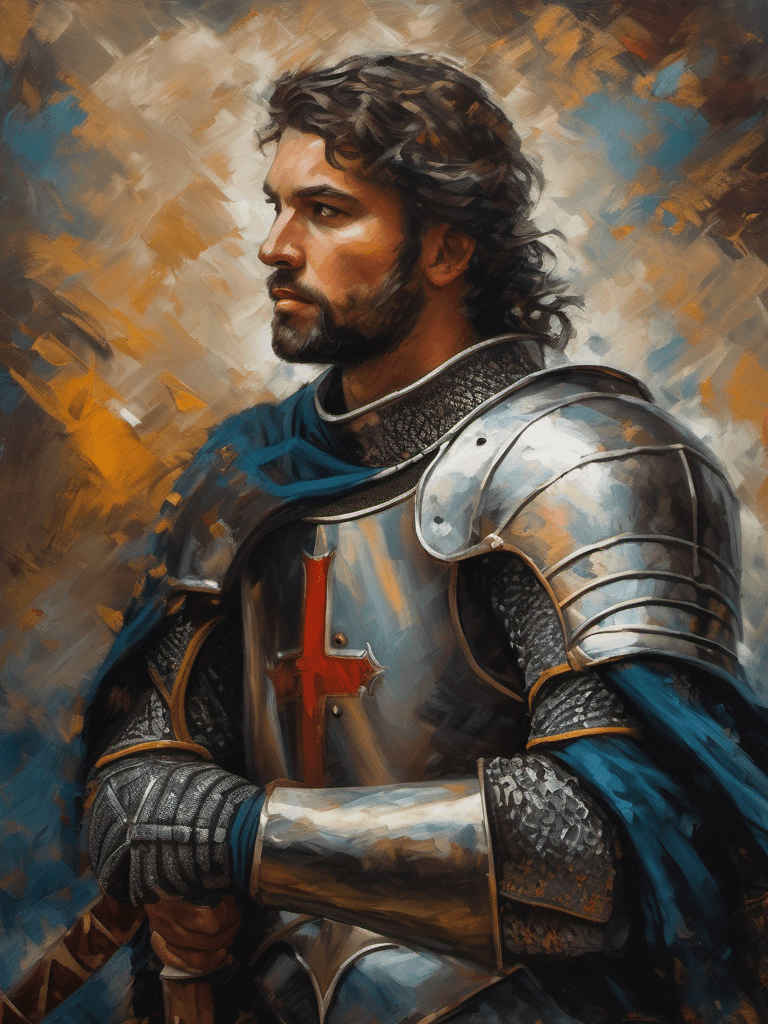 AI generated: french medieval knight vintage portrait, painting, brushstrokes on canvas, depth of field, soft focu...
