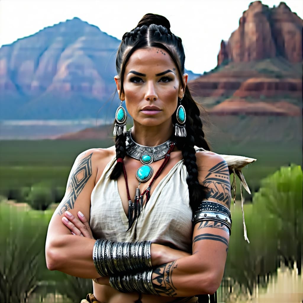 AI generated: kaoYada art style., A fierce female warrior stands confidently against a rugged mountain backdrop, h...