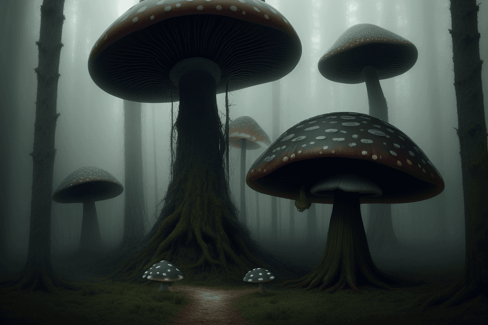 AI generated: Oscar winning detailed photography, cinematic scene, gloomy forest, with a giant fantastical mushroo...