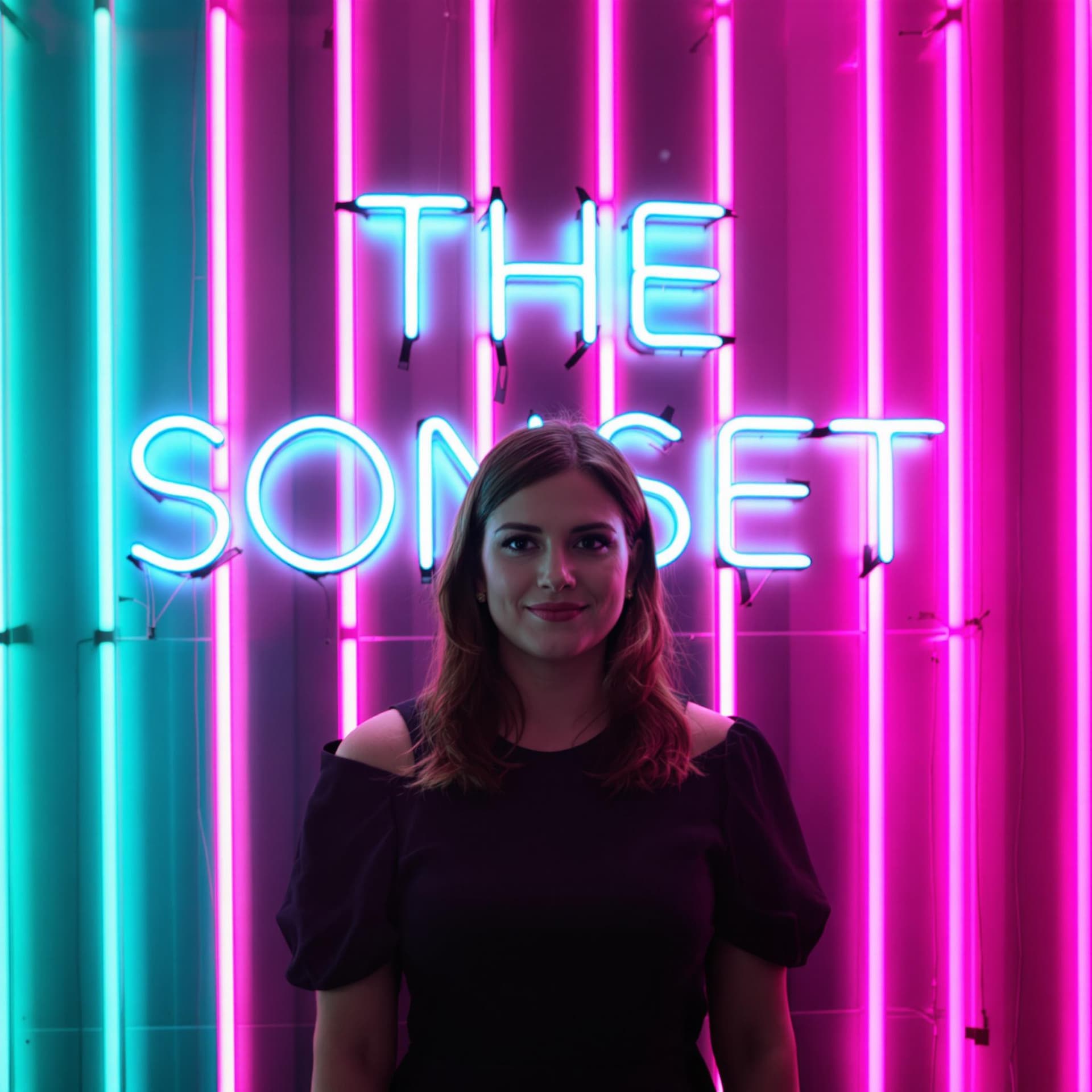 AI generated: a woman stands in front of a neon sign that reads "THE SONSET" in bold white letters. She is dressed...