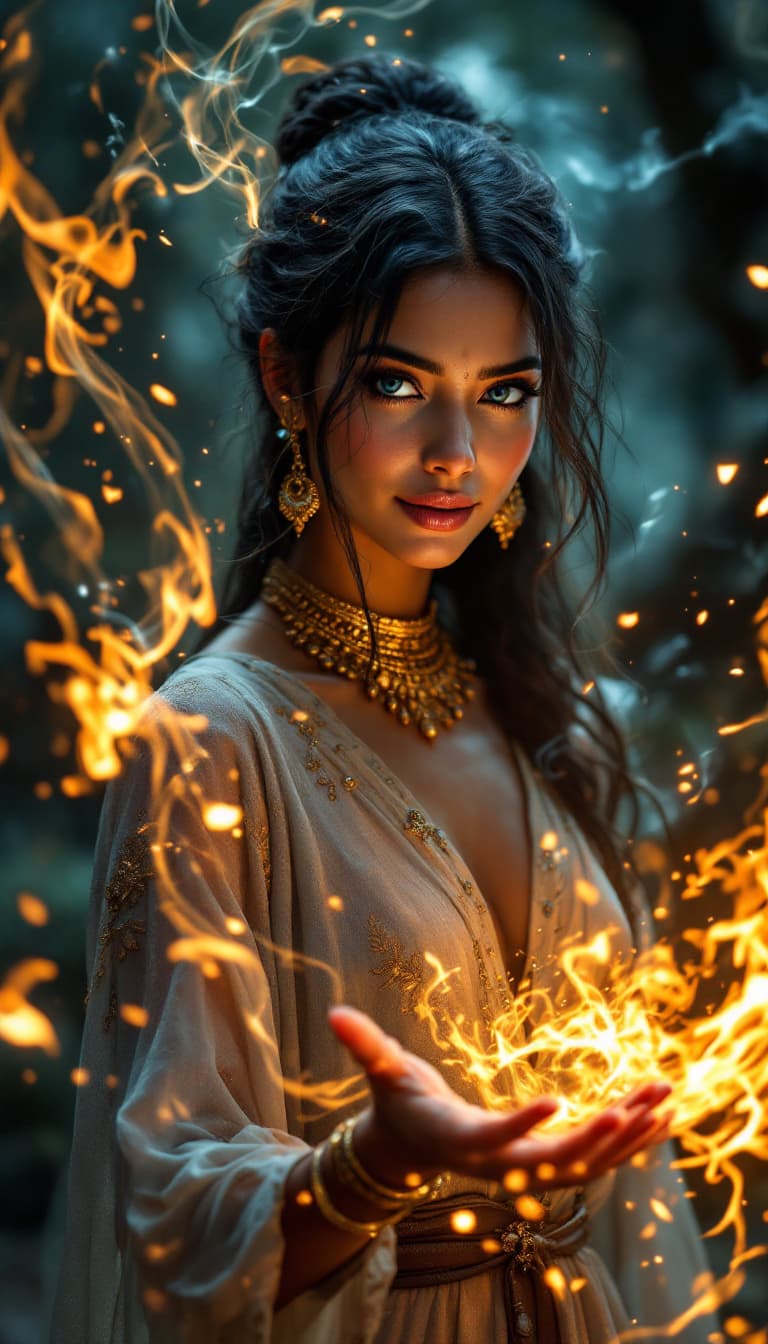 AI generated: A stunning slim Indian female wizard stands poised in a magical dark fantasy realm, casting a mesmer...