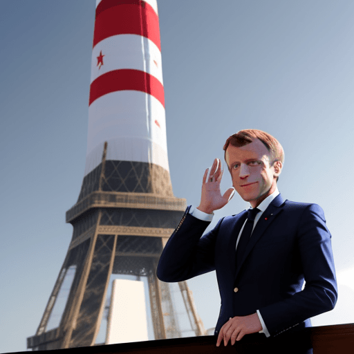 AI generated: French president macron on a rocket with military outfit

