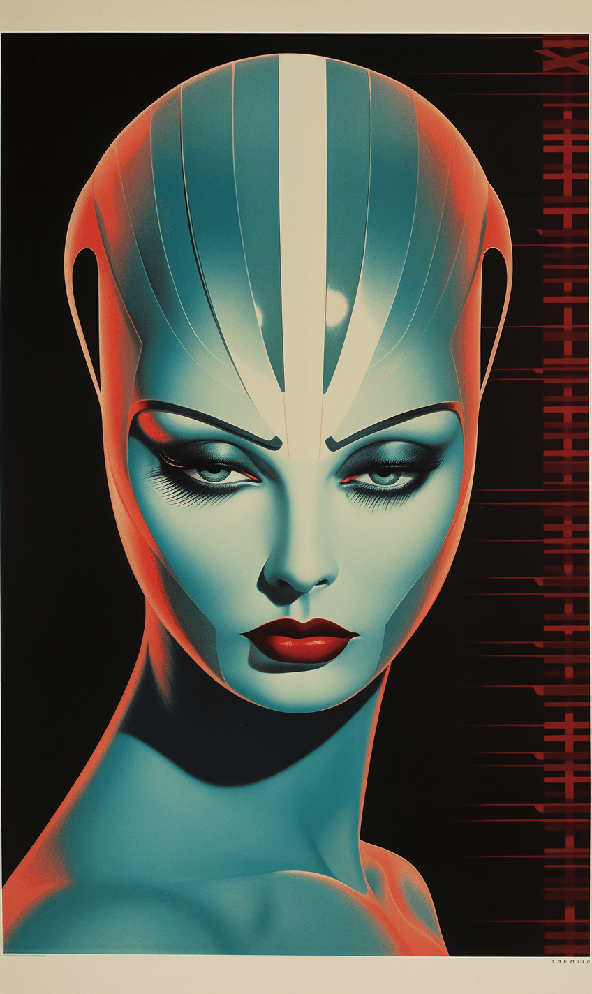 AI generated: A vintage poster depicting an art deco style alien woman with blue skin, wearing futuristic helmet-l...
